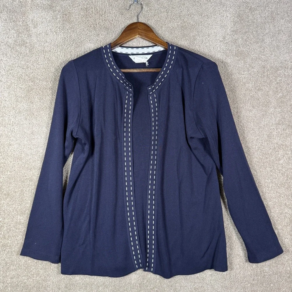 Misook Cardigan Women Small Petite Navy Open Front Contrast Stitch Knit Jacket